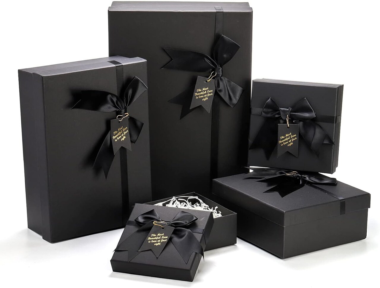 5 Pack Black Nested Gift Boxes with Lids – Luxury Pre-Assembled Boxes with Ribbons & Labels for Valentine's Day, Birthdays, Weddings, Mother's Day (13.7"–5.1")